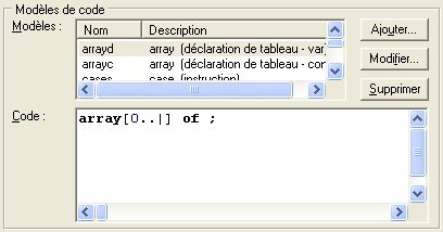 Fenêtre 'Modèles de code' de Delphi 5 et 6